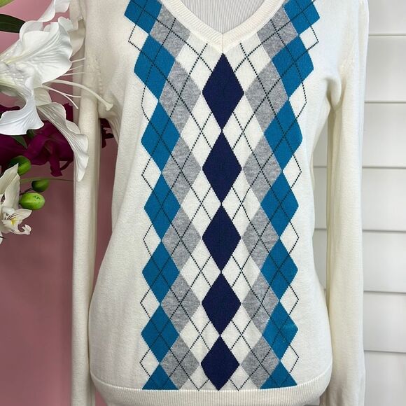 Tommy Hilfiger V-Neck Argyle Pima Cotton Preppy Golf Sweater - Picture 2 of 14